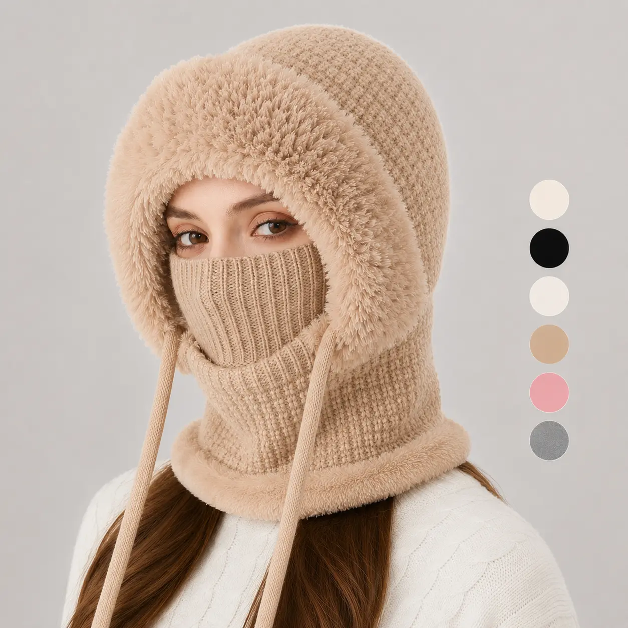 Women's 3-in-1 Knitted Beanie Set - Synthetic Fiber Furry Hat, Scarf, Mask for Outdoor Skiing, Casual Wear