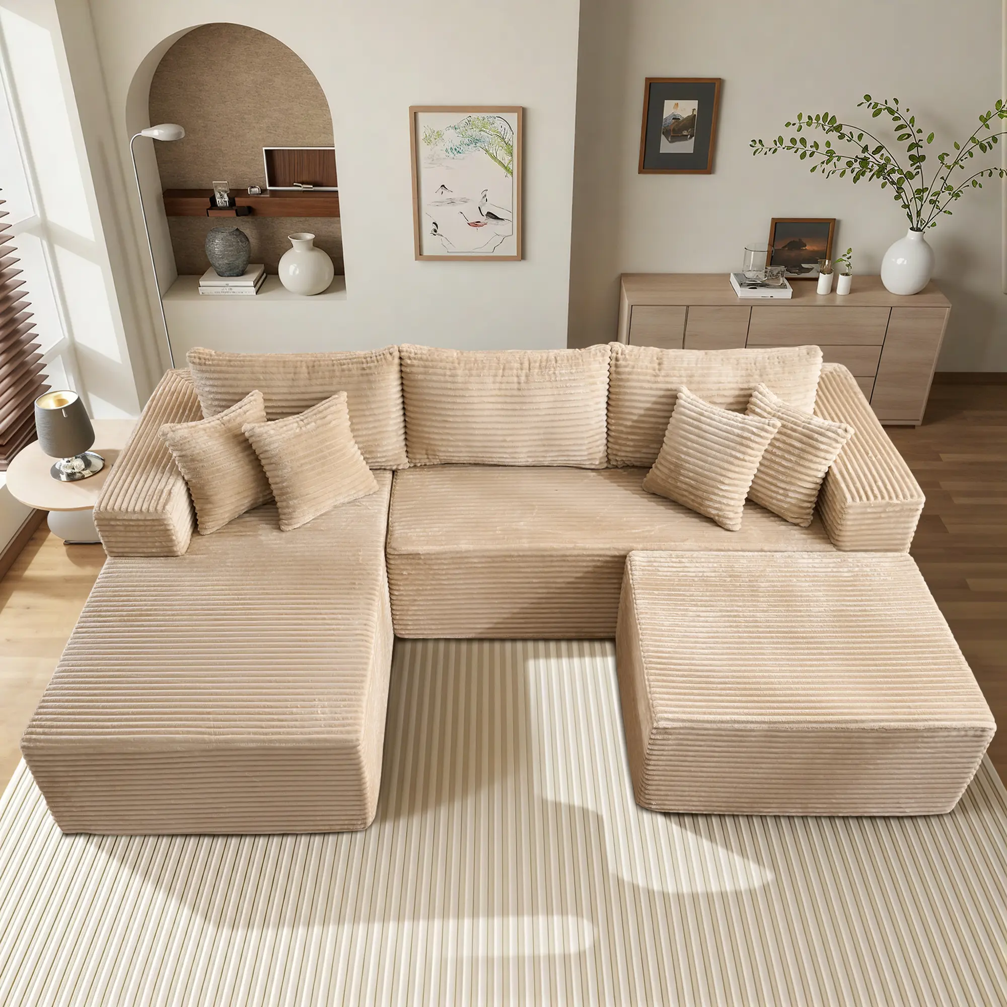 3 Seat Beige L Shape Sofa Left Chaise & Ottoman