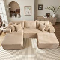 3 Seat Beige L Shape Sofa Left Chaise & Ottoman