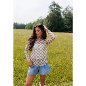 Tan & Cream Checkerboard Mesh Top