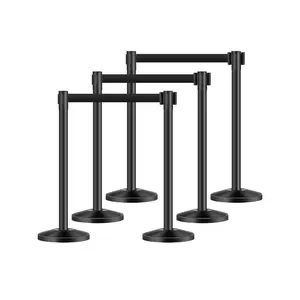 VEVOR Stanchion Post, 4 Pcs Stanchions with Retractable Belts, Carbon Steel Black Stanchions Queue with Sand Injection Hollow Base, Crowd Control Barriers for Theaters, Parties, Weddings, Exhibitions
