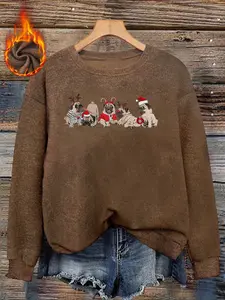 Christmas Pug Dog Print Plus Size Women's Faux Sweater, Long Sleeve Round Neck Pullover, Soft Elastic Fabric, Casual Fall & Winter Top
