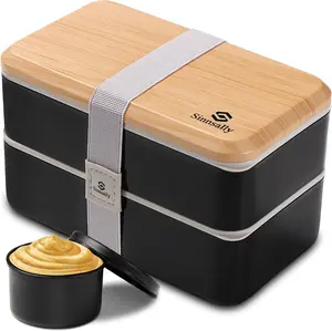 Adult 47oz Reusable Silicone-Lid Stackable 2-Tier Bento Lunch Box - Compartmentalized, Leak-Resistant, Lightweight, Microwave & Dishwasher Safe Rectangular Tableware with Utensil Set for Work, Travel