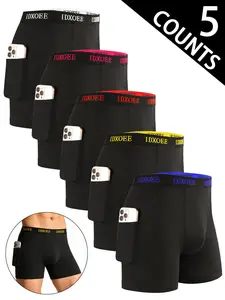 5 pcs Men's comfortable slim fitting flat cornered underwear, Breathable, elastic, quick drying, elastic waistband, Suitable for spring sports, Daily casual wear, Right side with pocket's Long boxer underwear. Men's undrwear- Soft, Lightweight.