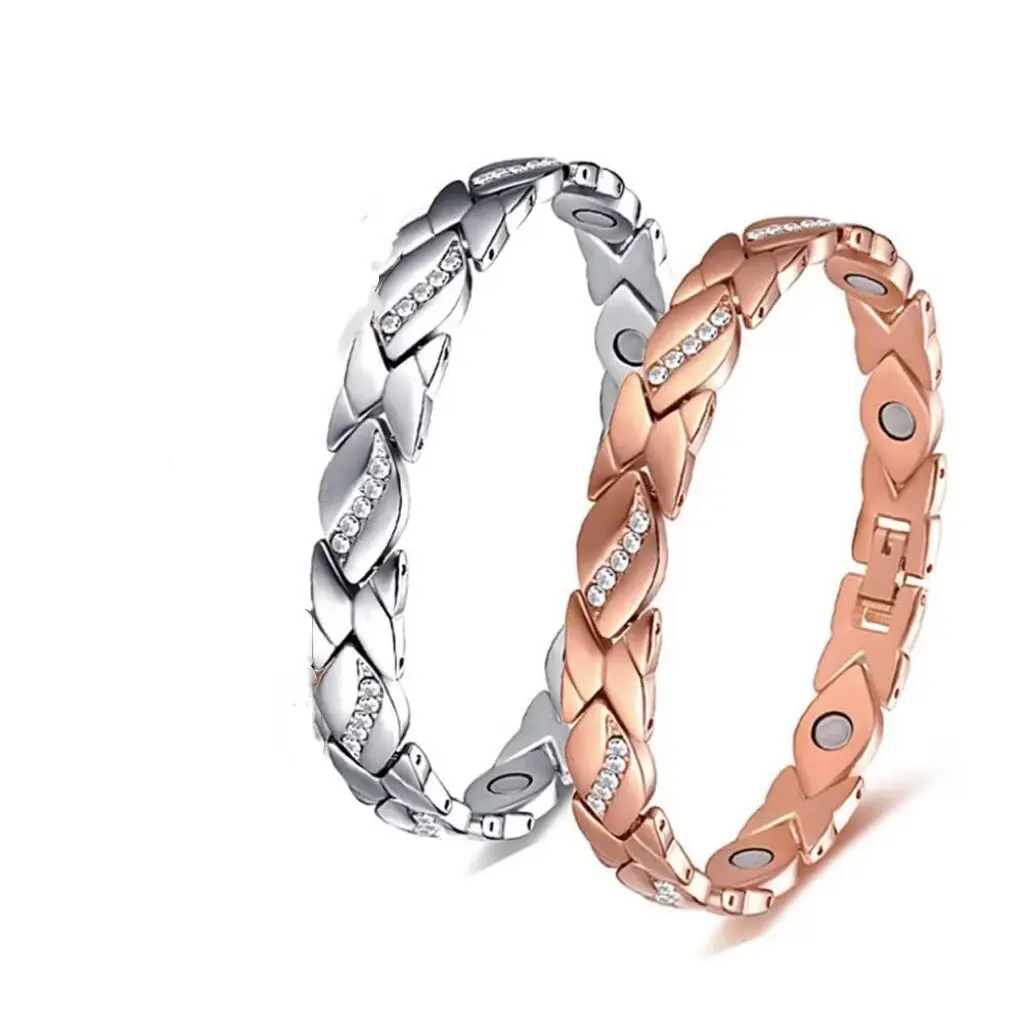 Lady rose gold foil bracelet, set with cubic zirconia and magnetic gemstones - stylish brushed metal design - adjustable size, included in a gift box, suitable for everyday wear or special occasions