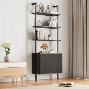 74inch Tall Bookshelf with Storage Cabinet, Modern Ladder Bookshelf, Wood and Metal Frame, Wall-Mounted Open Display Shelf, Suitable for Living Room, Bedroom, Home Office, Black