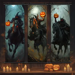 3 Counts Halloween Hanging Banner, Headless Horseman Halloween Posters, Halloween Mural And Decorative Posters, Fun Party Decorations, Horror Themes, Living Room, Bedroom, Home Posters, High Definition, Waterproof, Ideal Gifts