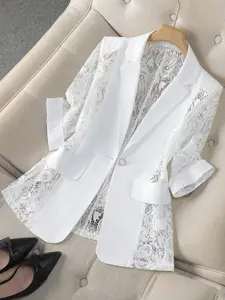 European and American Style Suit Jacket Top, Lace Patchwork Fashion Design, Button, Versatile Elegant, Slim Fit, Women's Clothing