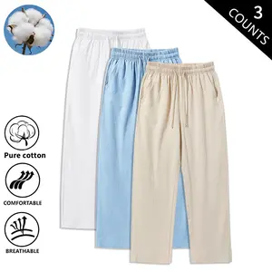 3-Pack Men’s 100% Cotton Casual Pants – Elastic Waist with Drawstring, Loose Straight Fit, Lightweight, Breathable, Comfortable Summer Beach Pants for Men