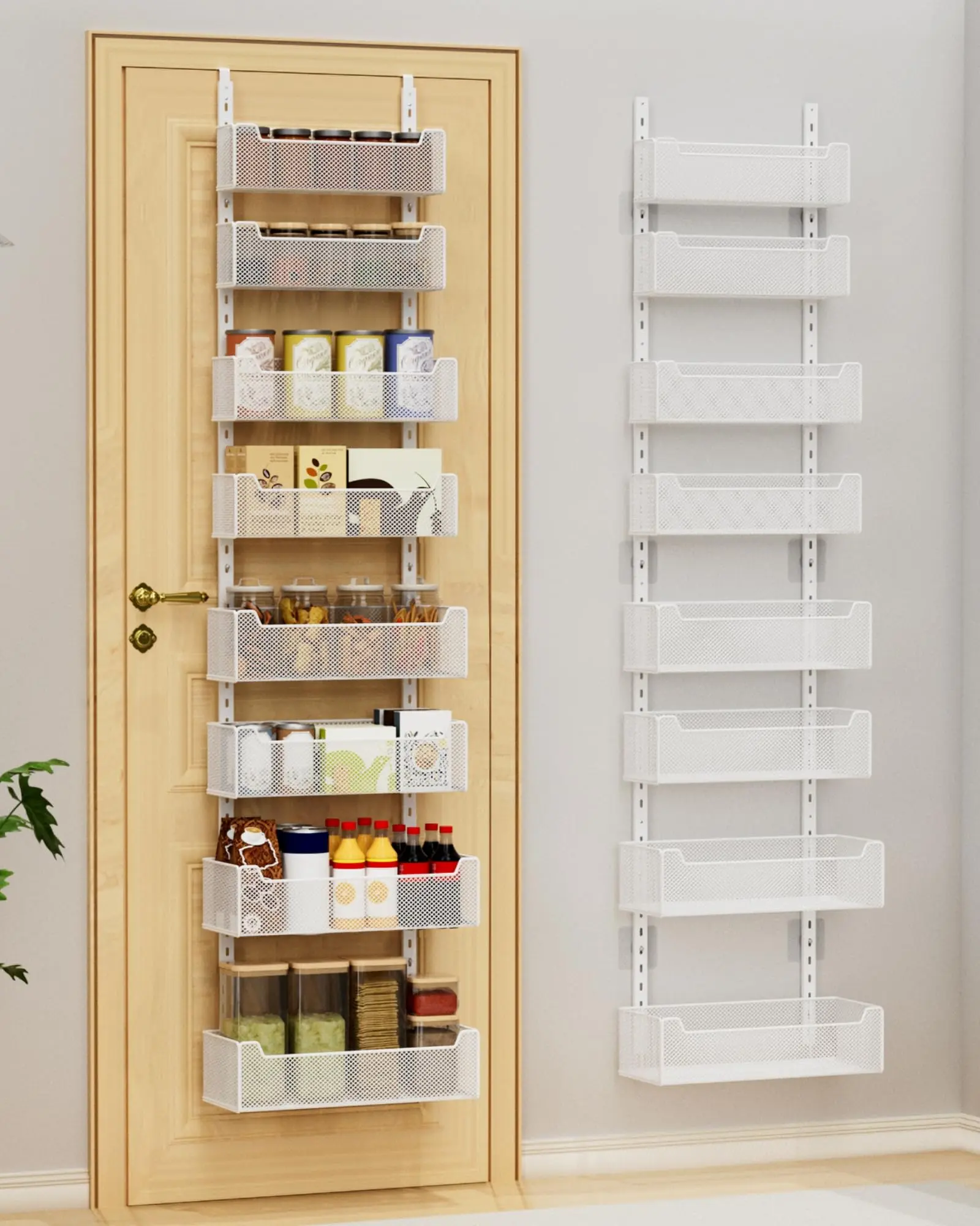 VyGrow Over-the-Door Organizer, 8-Tier Metal Storage with Fully Enclosed Mesh Baskets, Heavy-Duty Hanging Rack for Kitchen & Bathroom, 2-in-1 Wall or Door Mount, Black/White