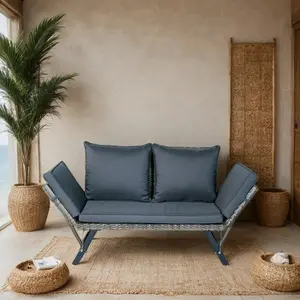 Outdoor Convertible Sofa, Woven Rattan Patio Furniture Sunbed with Adjustable Armrests, Removable Cushions and Pillows for Patio, Porch, Pool, Grey