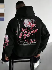 Autumn Winter Japanese Cherry Blossom Print Fleece Hoodie, Casual Graphic Sweatshirt for Daily Wear and Commuting
