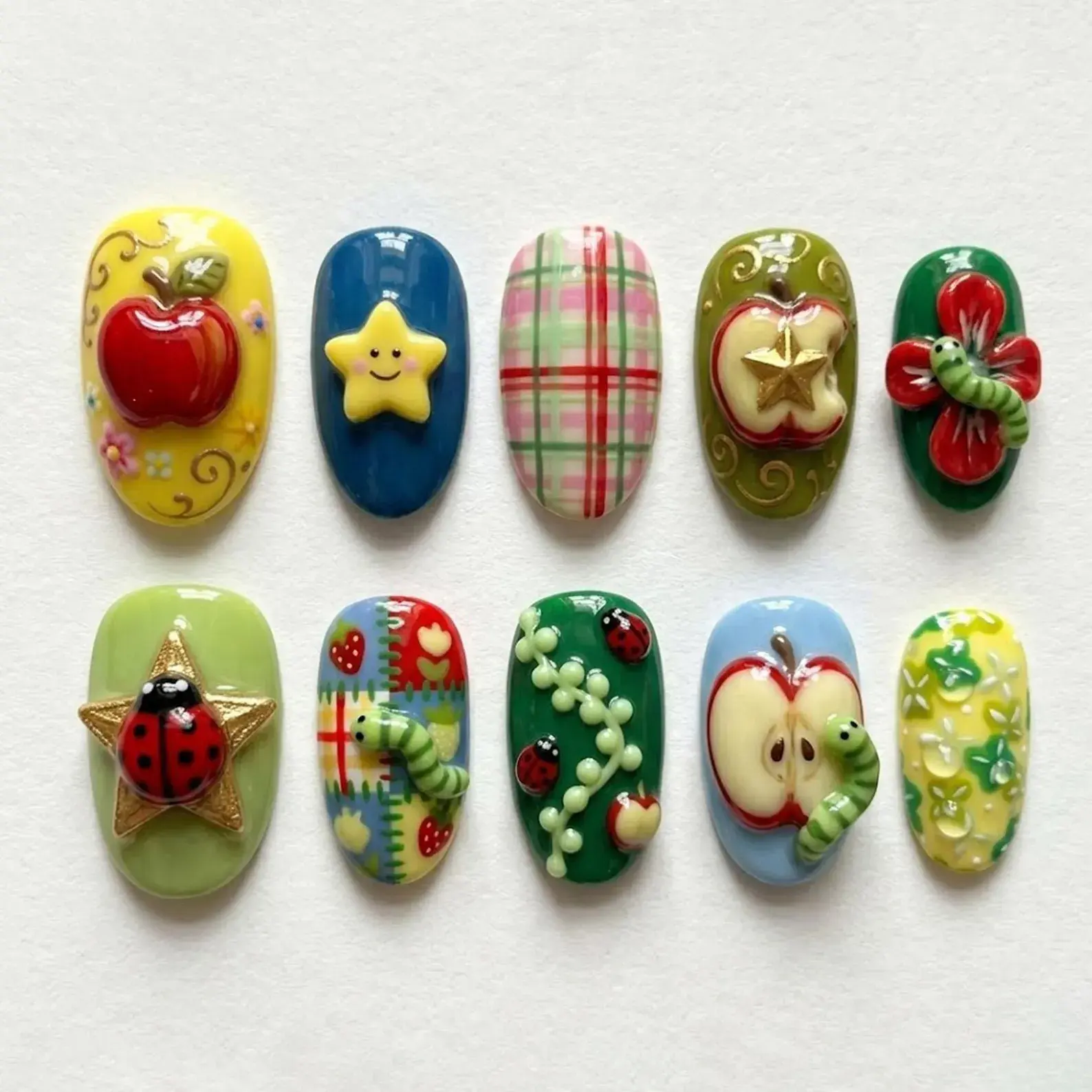 Cottagecore Picnic Press On Nails, Handmade 3D Apple & Caterpillar Nail Art, Kawaii Patchwork Quilt Reusable Nails