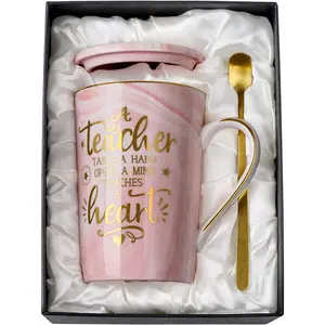 Unique Teacher Appreciation Gifts for Women - Best Teacher Gift Boxed Christmas Mug. 14Oz Pink Marble Ceramic Cup with Gold Print ALBISS