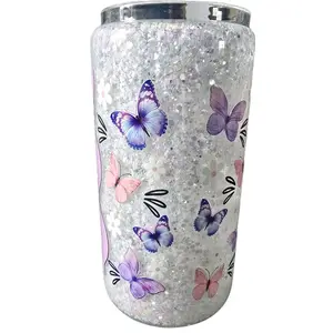 16 oz Glass Snow Globe Tumbler with Bamboo Lid & Straw Glittery Design Featuring Colorful Butterflies Eco-Friendly Drinkware Collection