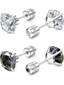 2 Pairs Titanium Stud Earrings for Men Women Hypoallergenic Surgical Steel G23 Implant Grade Titanium for Sensitive Ears Cubic Zirconia Screw Back Earrings Stud 3mm/4mm/5mm/6mm