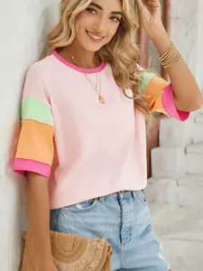 Women's Loose Fit Casual Lightweight Colorblock Short Sleeve Round Neck Top, Contrast Binding Design, H-Type Silhouette, Perfect for Daily Wear, Womenswear