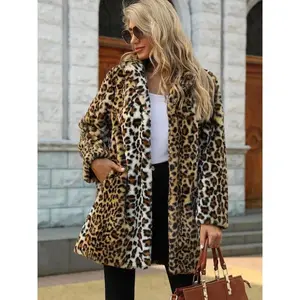 Women’s leopard print faux fur coat with long sleeves, open front, casual outerwear for fall and winter (1 piece), women’s winter clothing, everyday wear