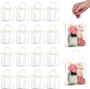 WDSHCR 16 PCS Clear Plastic Gift Bags with Handles, Party Favor Bags with Ribbons, Reusable Goodie Tote Bags for Wedding, Baby Shower, Birthday (Clear 5.1 X 5.9 X 2.8, 16 Pack)