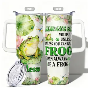 1pc, 40oz/30oz/20oz/14oz Stainless Steel Cup Watercolor Frog with Lotus and Dragonfly Double Wall Vacuum Insulated Cup, Leakproof Lid & Carry Handle Travel Mug, Insulated Tumbler for Outdoor Camping Hiking, Gift fo