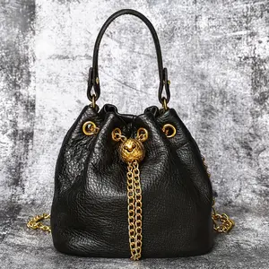 Ladies' First-Layer Cowhide Bucket Bag, Genuine Leather Handbag with Golden Hardware, Detachable Shoulder Strap with Chain Decoration, Elegantly Stylish Design, Multifunctional Fashion Accessory |     Elegant Design |     Vegan Handbag