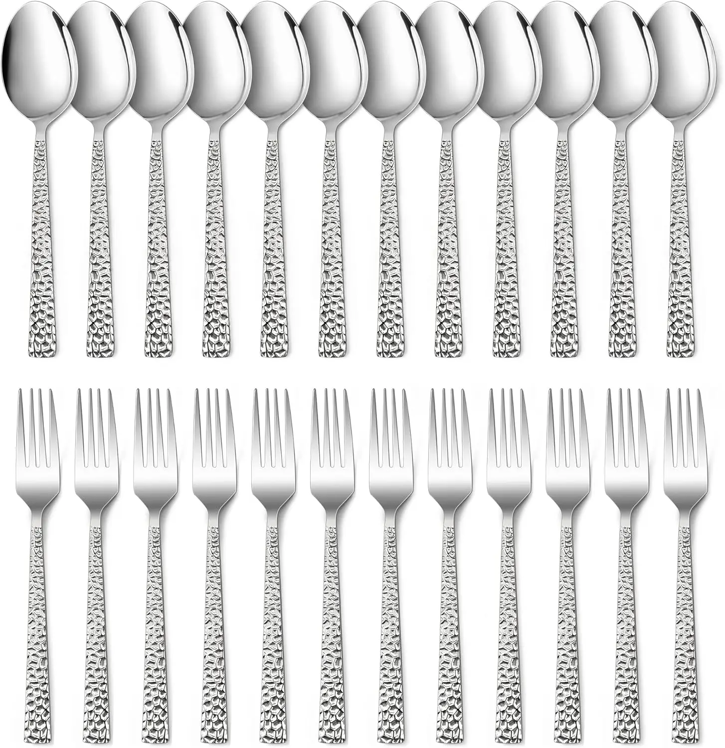 24-Piece Hammered Forks and Spoons Silverware Set, Stainless Steel Square 12 Dinner Forks and 12 Dinner Spoons, Modern Metal Flatware Cutlery for Kitchen and Restaurant, Dishwasher Safe-7.9 Inch