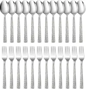 24-Piece Hammered Forks and Spoons Silverware Set, Stainless Steel Square 12 Dinner Forks and 12 Dinner Spoons, Modern Metal Flatware Cutlery for Kitchen and Restaurant, Dishwasher Safe-7.9 Inch