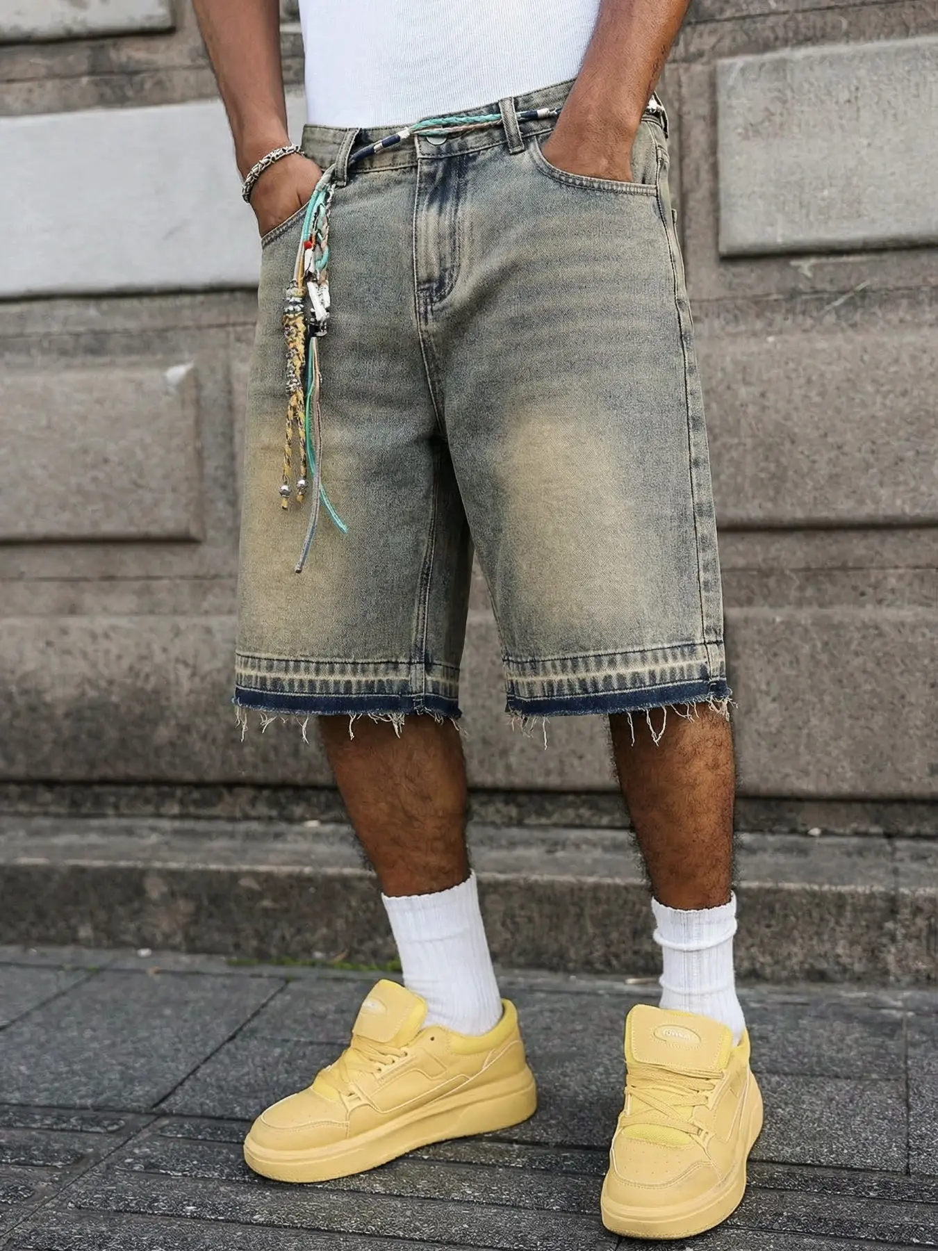 Men's Retro Vintage Streetwear Stone Washed Loose Wide-Leg Plain Denim Jeans Shorts, Distressed, Casual Summer Jeans Shorts, Featuring a mud yellow gradient stone wash design, original frayed hem edges, and comfortable fabric, suitable for party