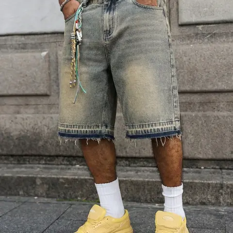 Men's Retro Vintage Streetwear Stone Washed Textured Loose Wide-Leg Plain Denim Jeans Shorts, Distressed, Casual Summer, frayed hem edges, comfortable fabric, suitable for party, Clothes Men