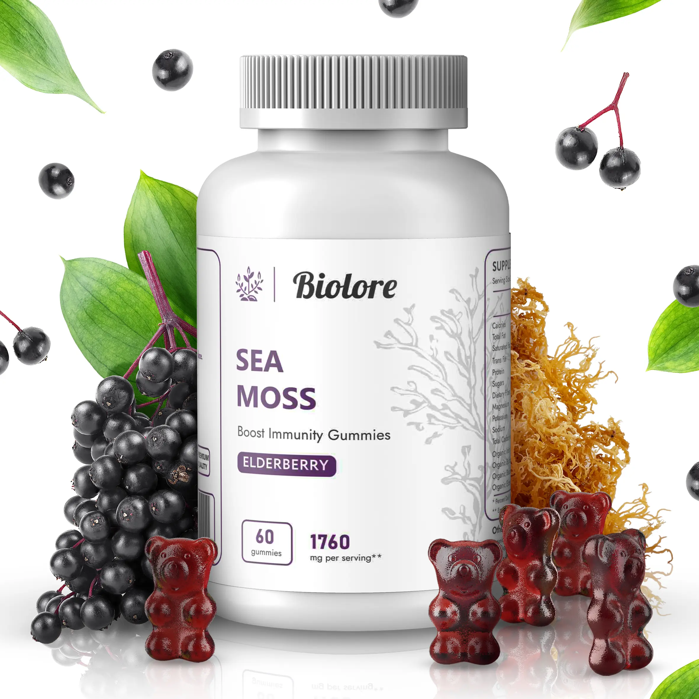 Biolore Sea Moss Gummies with Elderberry – Irish Sea Moss, Elderberry Extract, Burdock Root & Bladderwrack – 60 pcs for Immune & Thyroid Support