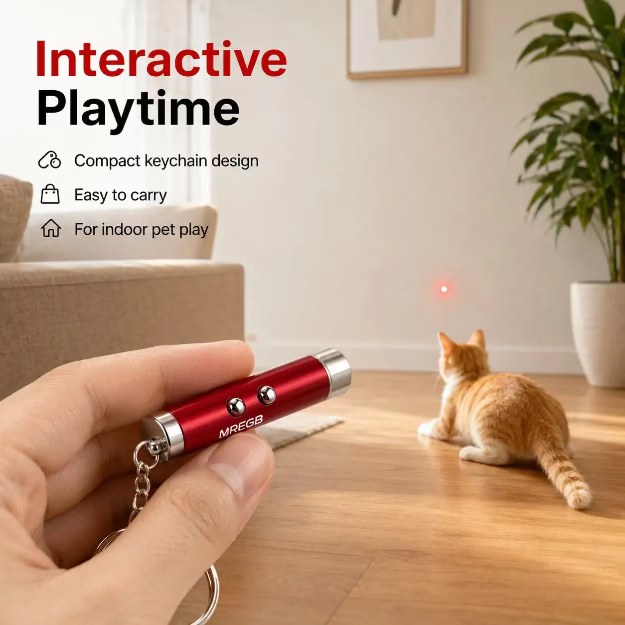 MREGB LED Interactive Cat Toy Laser Pointer. 2-in-1 Infrared & LED Flashlight Pet Exerciser. Compact Key Ring Teaser Chaser for Indoor Cats and Dogs. Includes 3 AG3 Batteries.
