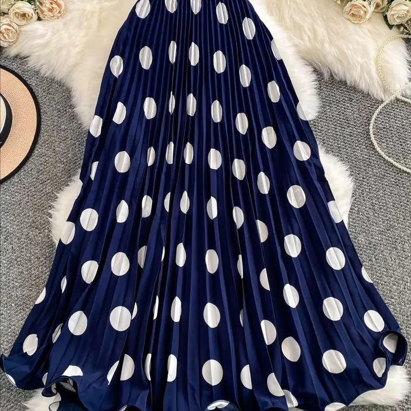 Women's Casual Fit Pleated Skirt, Polka Dot Pattern, Perfect for Commuting and Parties, Stylish Skirt for Daily Wear, Boho Bottoms, Boho Long Skirt