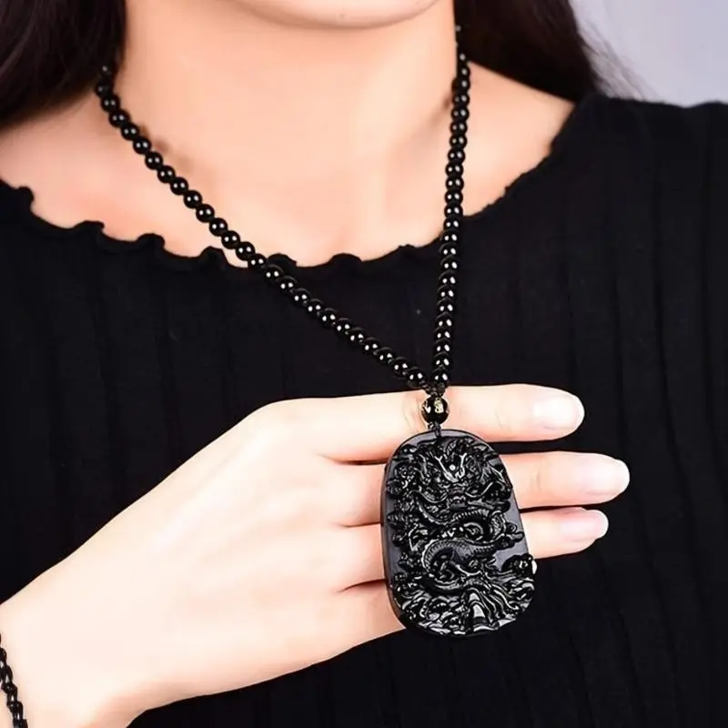 🐉Obsidian Dragon Lucky Amulet Necklace with Beaded Chain for Men and Women, Spiritual Protection Pendant for Daily Wear, Party Accessory, Fashion Charm Jewelry Gift