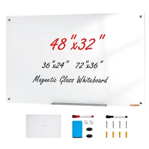 VEVOR Magnetic Glass Whiteboard, Dry Erase Board 48x32, Wall-Mounted Large White Glassboard Frameless, with Marker Tray, an Eraser and 2 Markers, White