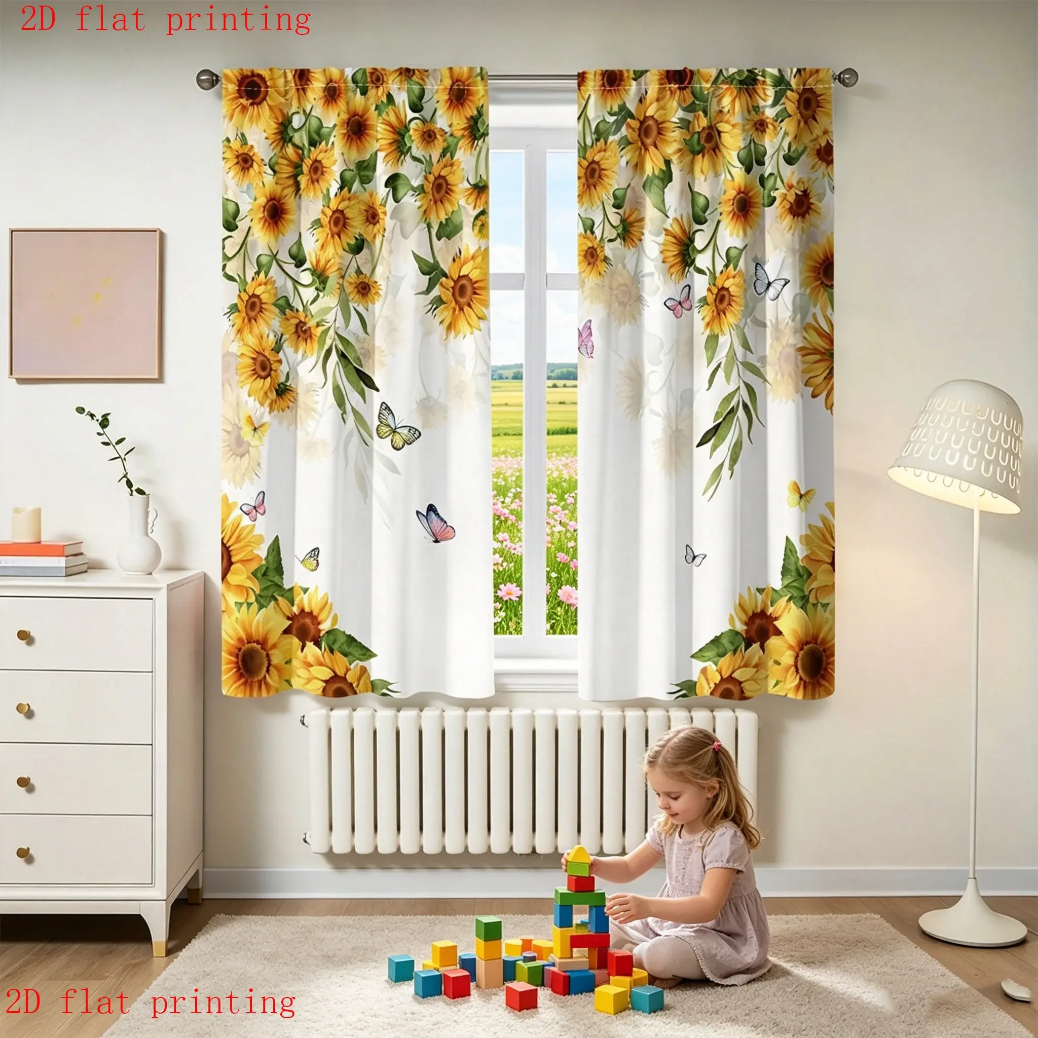 2 Piece Country Fresh Sunflower Vine Butterfly Curtains, Semi-Sheer Polyester Fabric, Top Rod Pocket Design, Home Decor, Window Curtain, Home Decoration Curtain, Room Decor Curtain