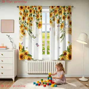 2 Piece Country Fresh Sunflower Vine Butterfly Curtains, Semi-Sheer Polyester Fabric, Top Rod Pocket Design, Home Decor, Window Curtain, Home Decoration Curtain, Room Decor Curtain