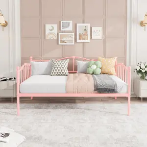 Twin Size Daybed Frame, Metal Platform Sofa Bed with Stylish Headboard, Heavy Duty Steel Slat Support, Space Saving, for Bedroom/Guest Room,Pink