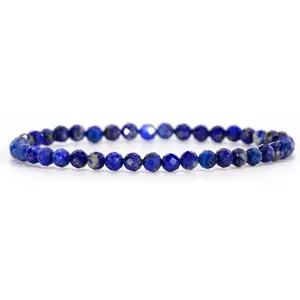 Angelstones Natural Lapis Lazuli Gemstone Stretch Bracelet, 4mm Faceted Round Beads, Crystal Healing for Women