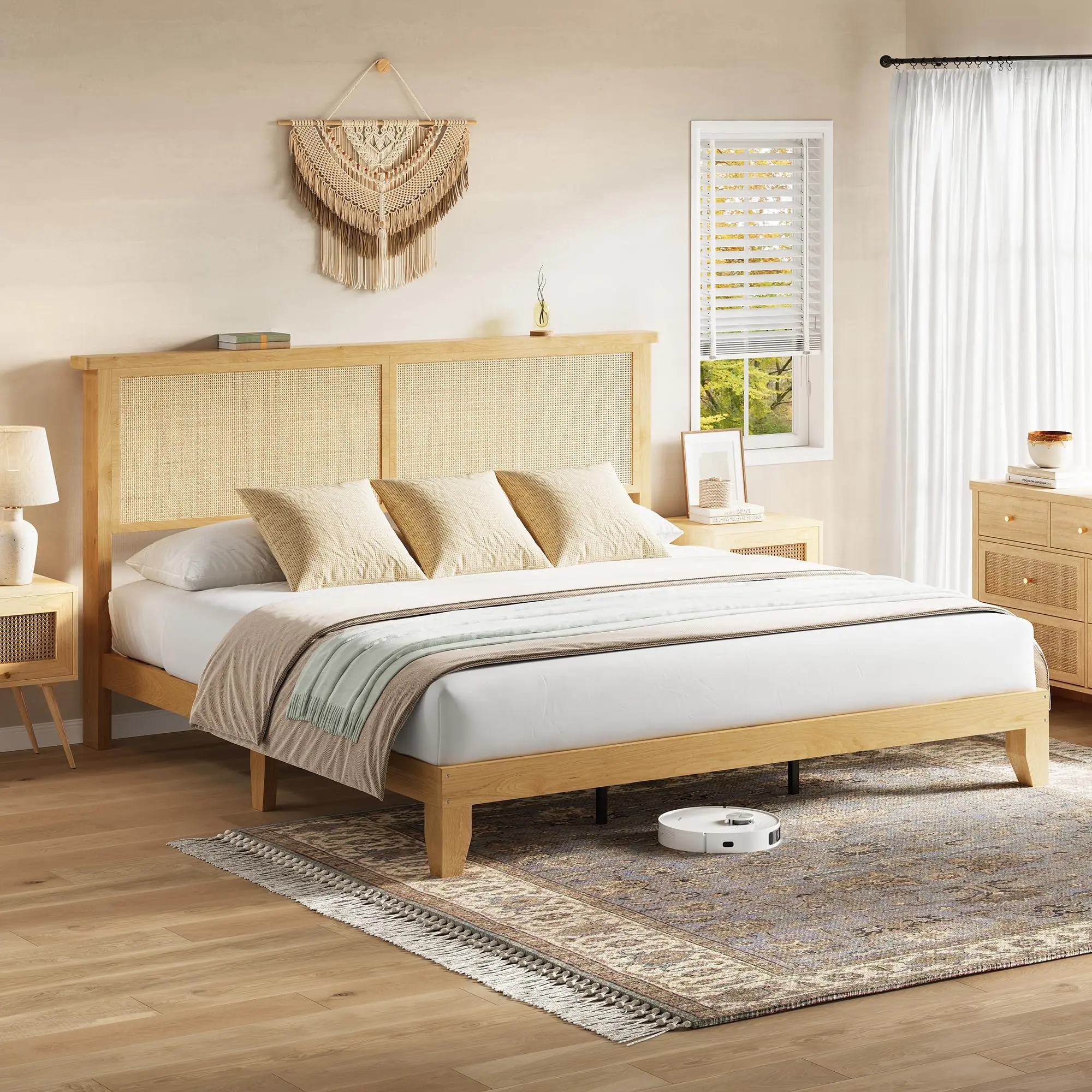 Garvee King Bed Frame, Boho King Size Bed Frame with Natural Rattan Headboard,  King Size Bed with Led Lights, Wooden Support Legs and Slats, No Box Spring Needed