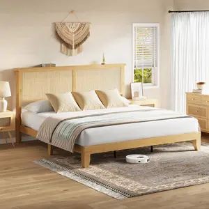 Garvee King Bed Frame, Boho King Size Bed Frame with Natural Rattan Headboard,  King Size Bed with Led Lights, Wooden Support Legs and Slats, No Box Spring Needed