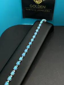 925 Ethiopian Blue Opal Tennis Bracelet, Oval Blue Opals, Adjustable Chain, Rhodium Finish, October Birthstone, Gift for Her