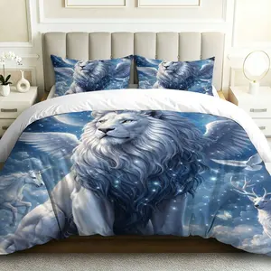 3PCS Duvet Cover Set, 1 Duvet+2 Pillowcases(Without filler), Majestic Lion Winged Unicorn Deer Heavenly theme, Christmas bedding set, Luxurious Celestial Fantasy Suitable for decoration bedroom, guest room, hotel, lounge.