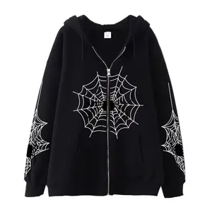Zip Up Graphic Spiderweb Print Long Sleeve Goth Hoodie Sweatshirt Jacket