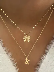 Women's Elegant Letter Bow-knot Pendant Set, Necklace Initial, Stainless Steel Chain, Multi-Layered Fashion Jewelry for All Seasons