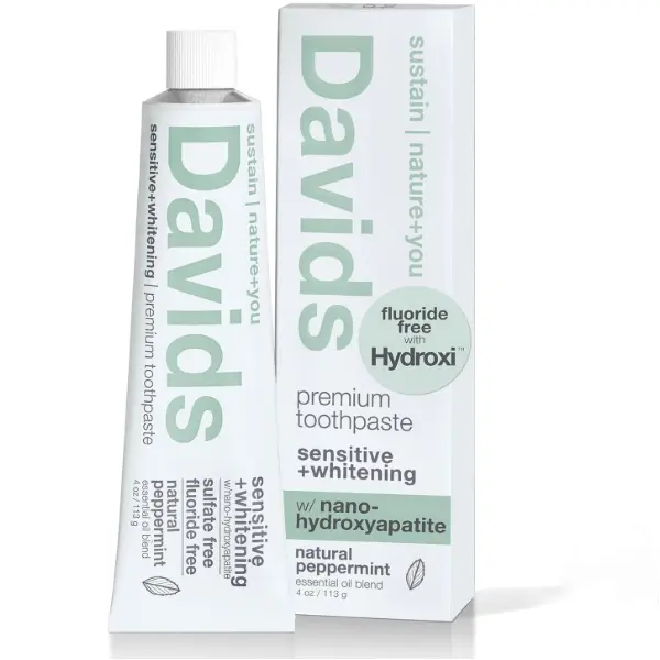 Davids Hydroxi Fluoride Free Nano Hydroxyapatite Toothpaste for Remineralizing Enamel & Sensitive Relief, Whitening, Antiplaque, SLS Free, Natural Peppermint, 4 oz, Made in USA