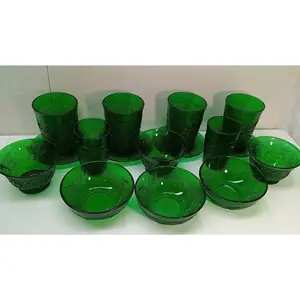 Anchor Hocking Forest Green Sandwich Glass Cups Saucers & Bowls (Lot Of 16)