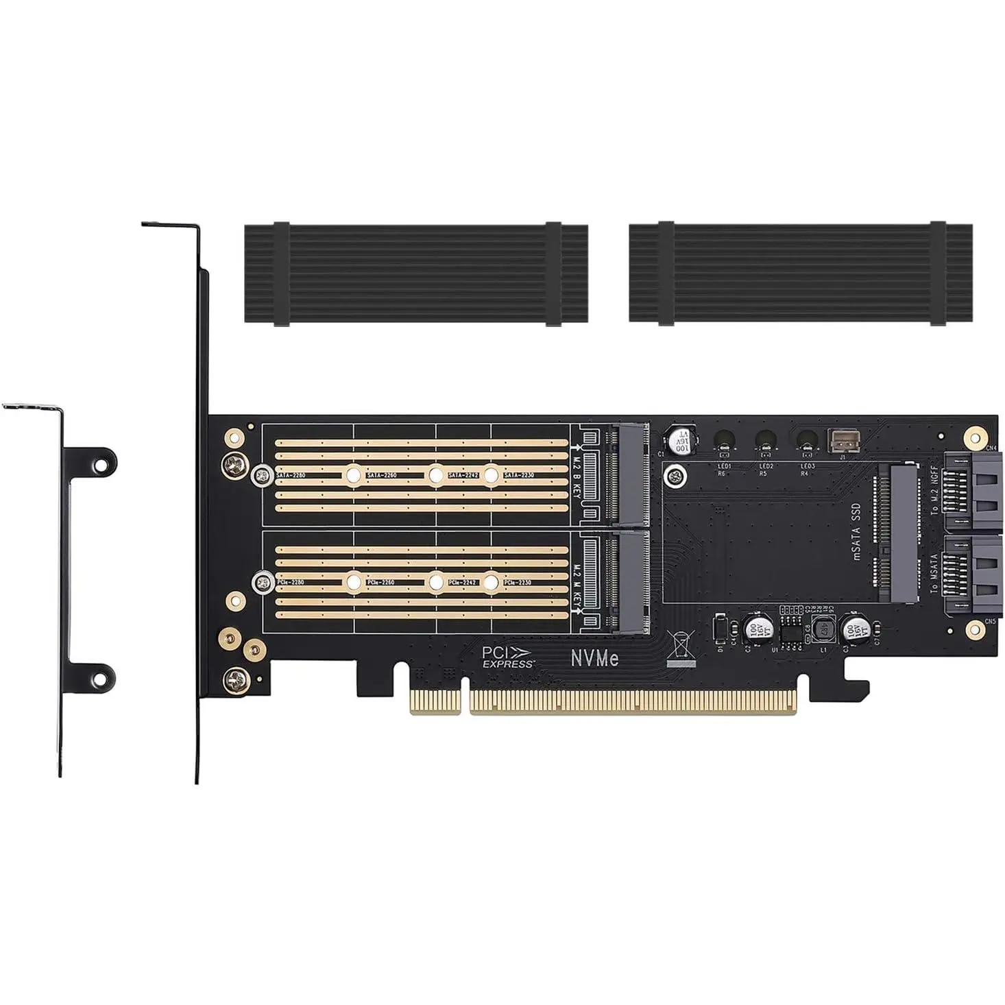 3 in 1 M.2 and mSATA SSD Adapter Card for NVME to PCIE, SATA III, and mSATA (With 2  Heatsink)