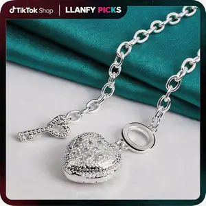 Mother's Day Gifts Handmade in Italy - 925 silver plated Necklace -Women's AAAAA CZ Zircon Heart/Lock Pendant Necklace Rolo Chain 20 Inch - Charm Jewelry - Birthday Gift