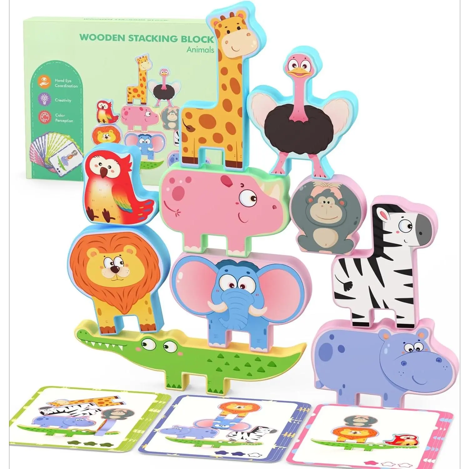 F-ITC08  Montessori Toys for Toddlers, 10 Pack Wooden Animal Stacking Blocks, Sorting & Stacking Preschool Learning Activities, Gift for Boys, Girls