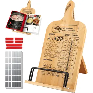 Cookbook Stand, Wooden Cookbook Holder for Kitchen Counter, Recipe Book Holder with Measurement Conversion Chart, Recipe Book Stand for Holding Cookbooks